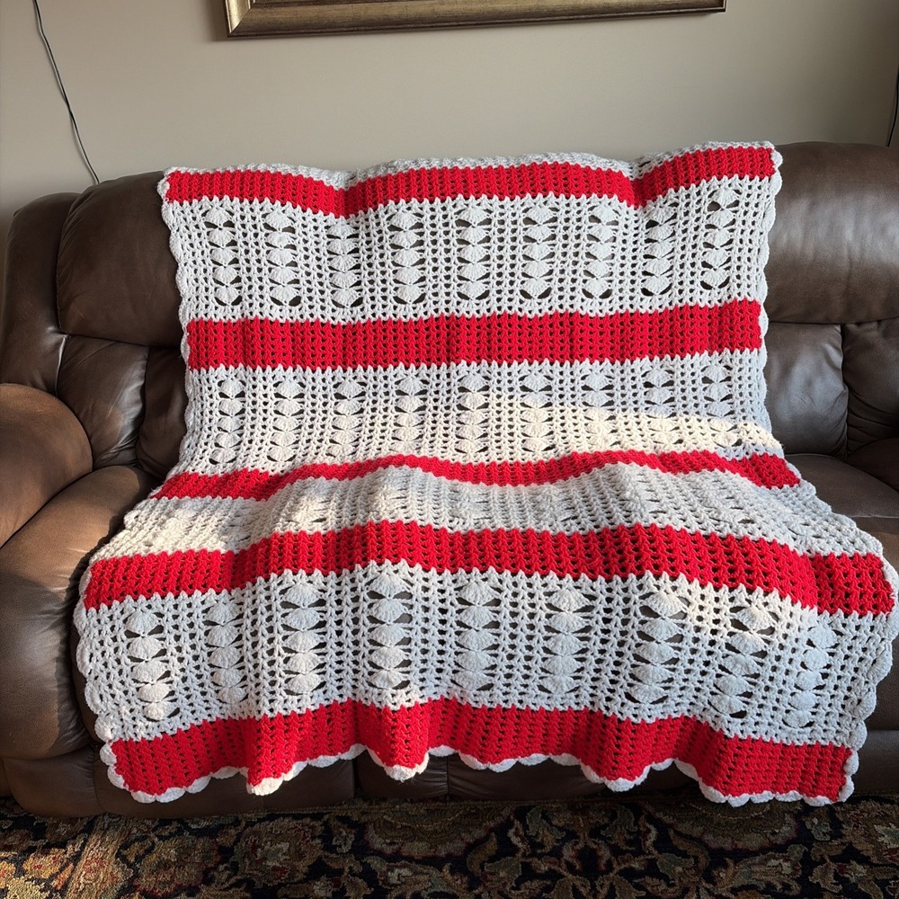 Vintage Handmade Crochet Afghan Throw 74x60 Red White Striped Retro Blanket